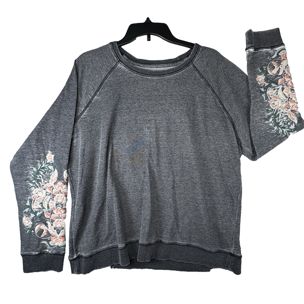 VTG Lucky Brand Gray Floral Embroidered Large Crewneck Distressed Sweatshirt